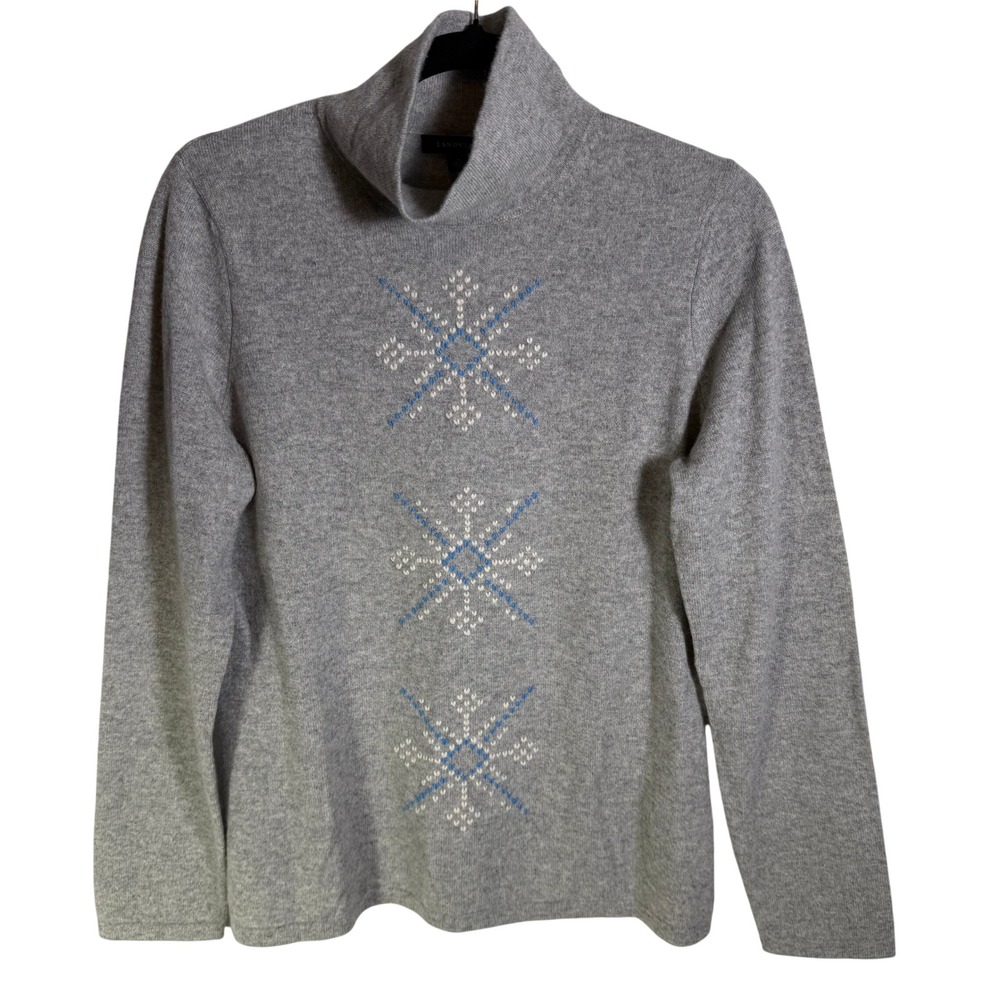 Lands End Womens Cashmere Snowflake Turtleneck Sweater Gray Blue Medium 10-12